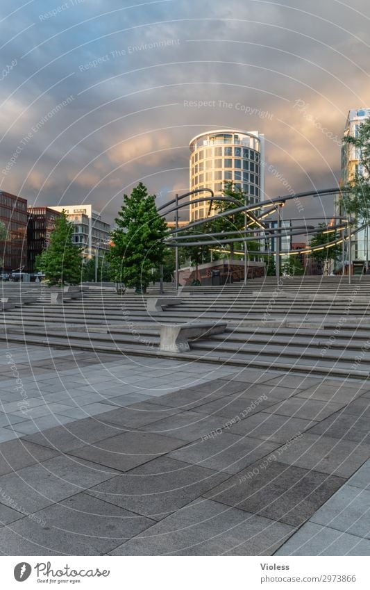 HafenCity II Harbor city Port City Downtown High-rise Park Manmade structures Architecture Facade Discover Hip & trendy Modern Hamburg Clouds Exterior shot