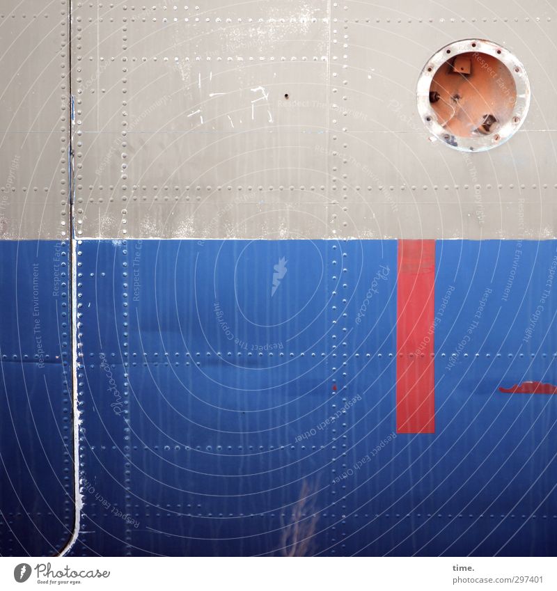 down-to-earth Wall (barrier) Wall (building) Facade Aviation Airplane Passenger plane Airport Airfield Rivet Metal Stripe Old Hideous Historic Precision