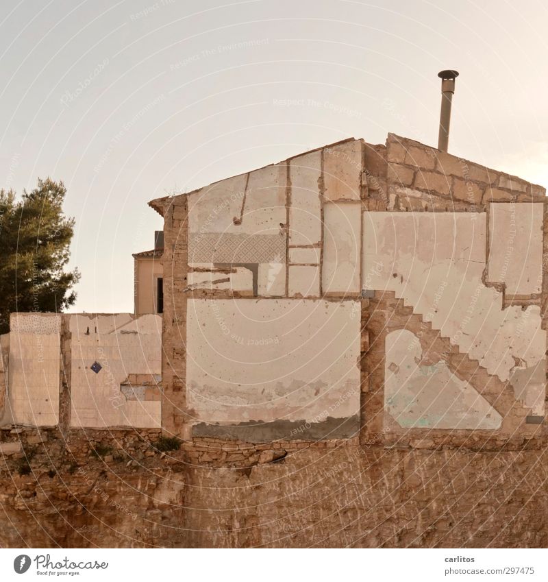 Who stole the stairs? Cloudless sky Summer Beautiful weather Tree Bushes House (Residential Structure) Ruin Wall (barrier) Wall (building) Stairs Chimney Old