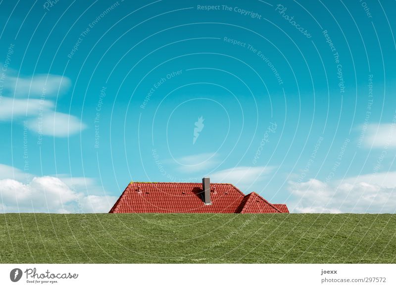 behind the dike House (Residential Structure) Landscape Sky Clouds Summer Beautiful weather Meadow Deserted Roof Chimney Blue Brown Green White Idyll Dike