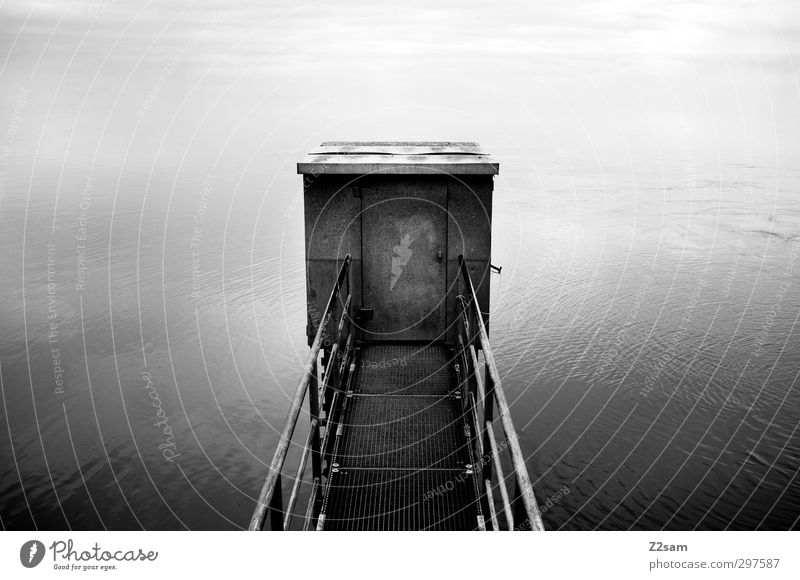 CATWALK Water Lakeside River bank Bridge Architecture Dark Sharp-edged Simple Fluid Creepy Cold Trashy Town Calm Longing Wanderlust Contentment Loneliness End