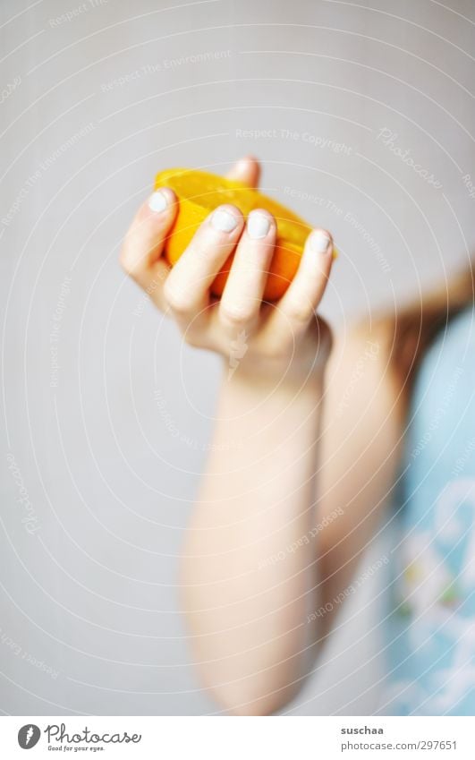 vitamin C Child Girl Infancy Skin Arm Hand Fingers 1 Human being 8 - 13 years Fresh Healthy Juicy Orange Nutrition Vitamin C Juice Fruit Colour photo