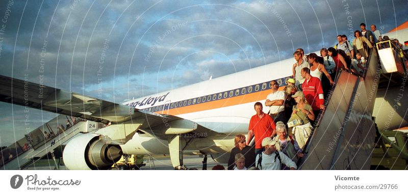 holiday planes Airplane Passenger Gangway Nuremberg Panorama (View) Aviation Airport Hapag Lloyd Large