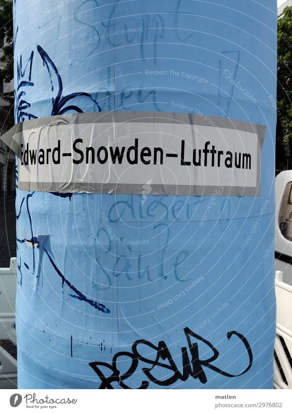 airspace Town Capital city Deserted Old Authentic Blue Gray Black Advertising column Dismantling Snowden Characters Colour photo Exterior shot Day Contrast