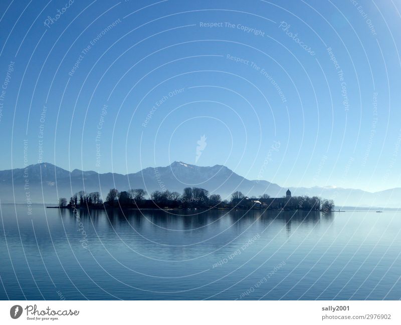 The lake rests still... Nature Landscape Cloudless sky Sunlight Winter Beautiful weather Mountain Alps Island Fraueninsel Lake Lake Chiemsee Exceptional