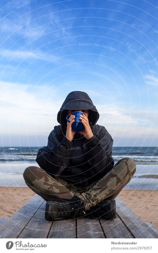 Drinking coffee by the sea Beverage Coffee Tea Cup Vacation & Travel Tourism Adventure Far-off places Freedom Beach Ocean Human being Feminine Woman Adults