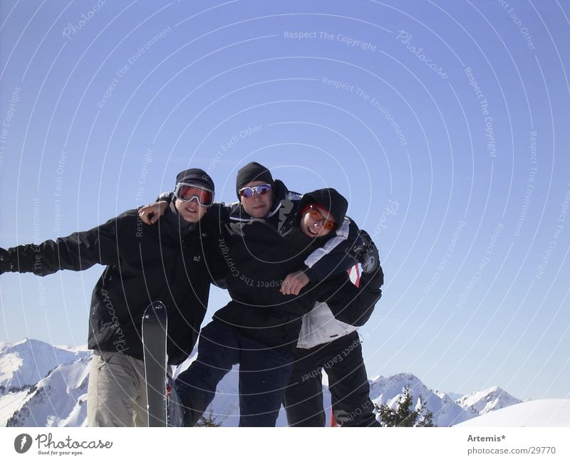 funky funky Sunglasses White Group Snow Joy Sky Blue Mountain Skiing goggles Skis Blue sky Friendship 3 Winter vacation Cloudless sky Good mood Exterior shot