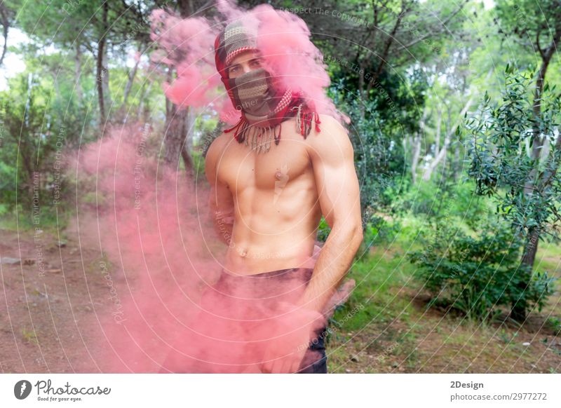 Young bare man in colored smoke outdoors in the forest Style Happy Beautiful Vacation & Travel Freedom Summer Ocean Human being Masculine Boy (child) Young man