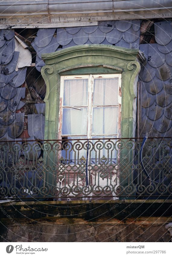 Lissade II Art Esthetic Facade Car Window Lisbon Portugal Blue Green Derelict Ruin Old building Restoration Old fashioned Colour photo Subdued colour