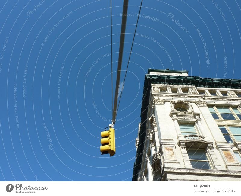 traffic control... Traffic light Yellow New York City USA Americas House (Residential Structure) Worm's-eye view Sunlight Copy Space left Exterior shot Deserted