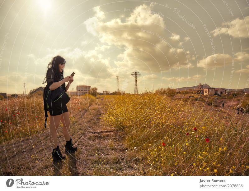 Lonely lost brunette watching her phone in the countryside Calm Freedom Summer Sun Telephone Technology Woman Adults Landscape Sky Clouds Horizon Flower Grass