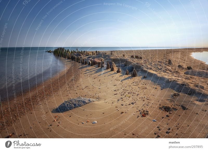 matinal Nature Landscape Earth Sand Sky Cloudless sky Horizon Sun Weather Beautiful weather Coast Beach Baltic Sea Deserted Blue Brown Wooden stake Stone Bay