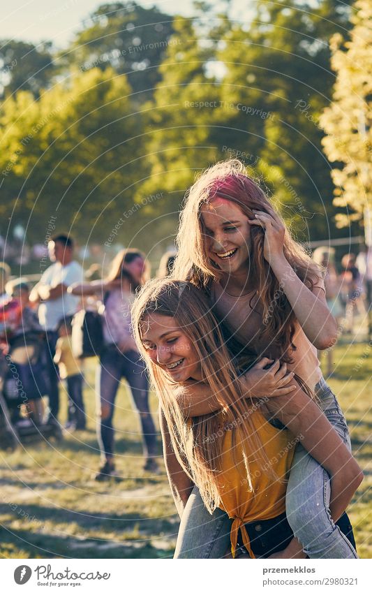 Portrait of happy young girls on holi color festival Lifestyle Style Joy Happy Beautiful Relaxation Vacation & Travel Summer Summer vacation Decoration