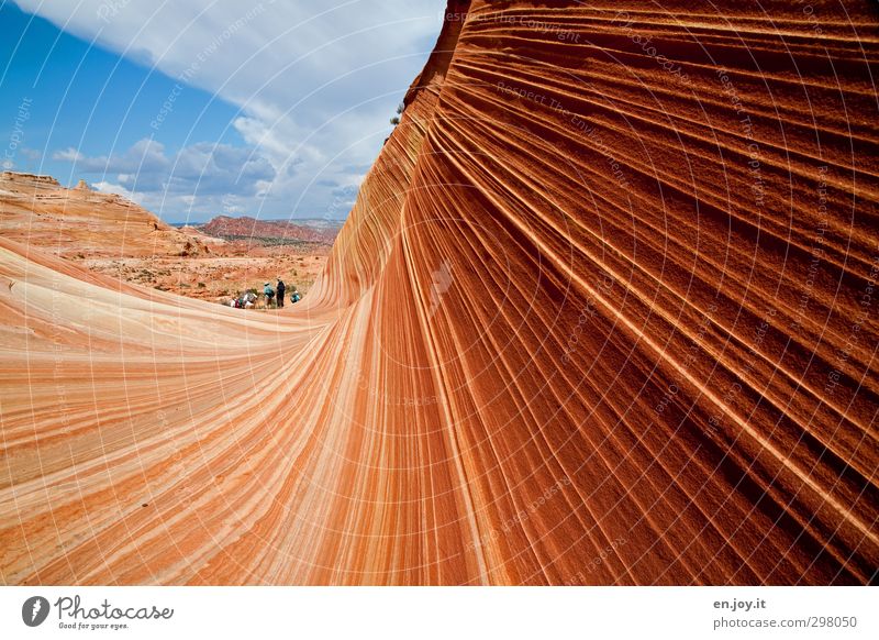 Orderly retreat Human being 5 Group 30 - 45 years Adults Nature Landscape Sky Clouds Canyon Desert Hiking Exceptional Blue Yellow Orange Wanderlust Adventure