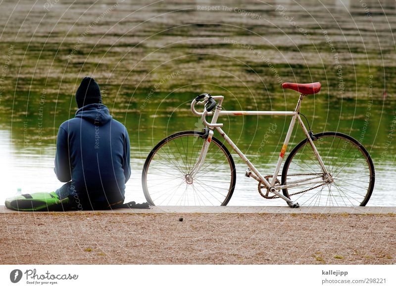 sitting on the dock of the bay Human being Masculine 1 18 - 30 years Youth (Young adults) Adults Bicycle Cap Sit Park Lakeside Racing cycle Trip Break Style