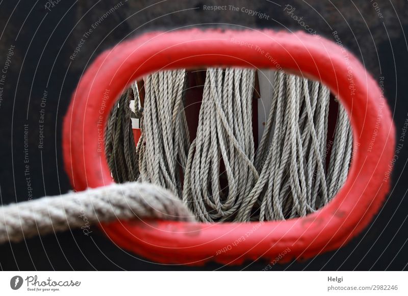 View through a porthole in the ship's side, one sees many suspended ropes Navigation Sailing ship Rope Ship's side Porthole To hold on Hang Authentic