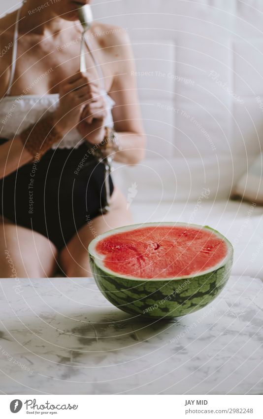 beautiful woman eating watermelon indoor Food Fruit Nutrition Eating Spoon Lifestyle Happy Beautiful Summer Human being Feminine Woman Adults Body Hand 1