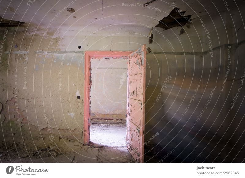 Passage with time Ruin Wall (building) door Movement Dirty Historic Broken Pink Transience lost places Ravages of time Derelict Fantasy Sanitarium