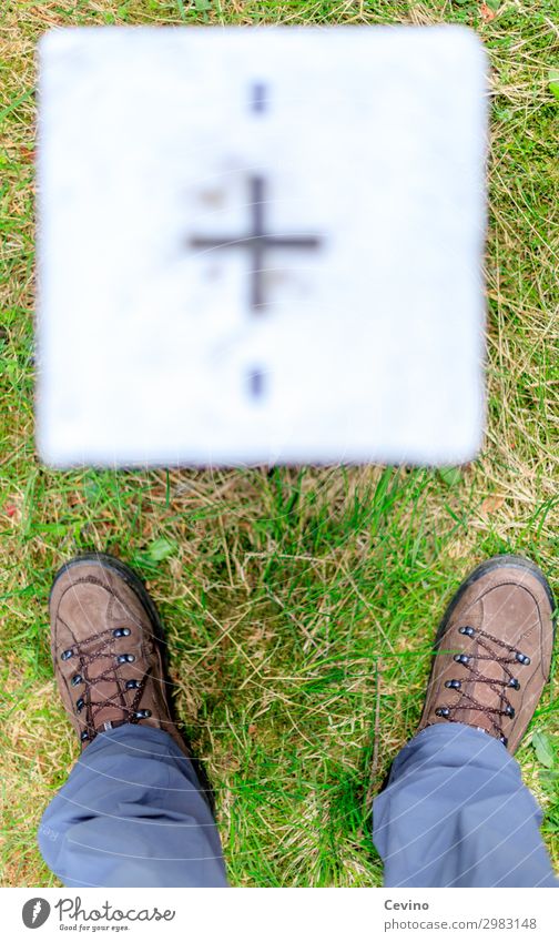 cross-border commuters Signs and labeling Signage Warning sign Hiking Border landmark Stone Hiking boots Commuter Germany Czech Republic Meadow Stone block