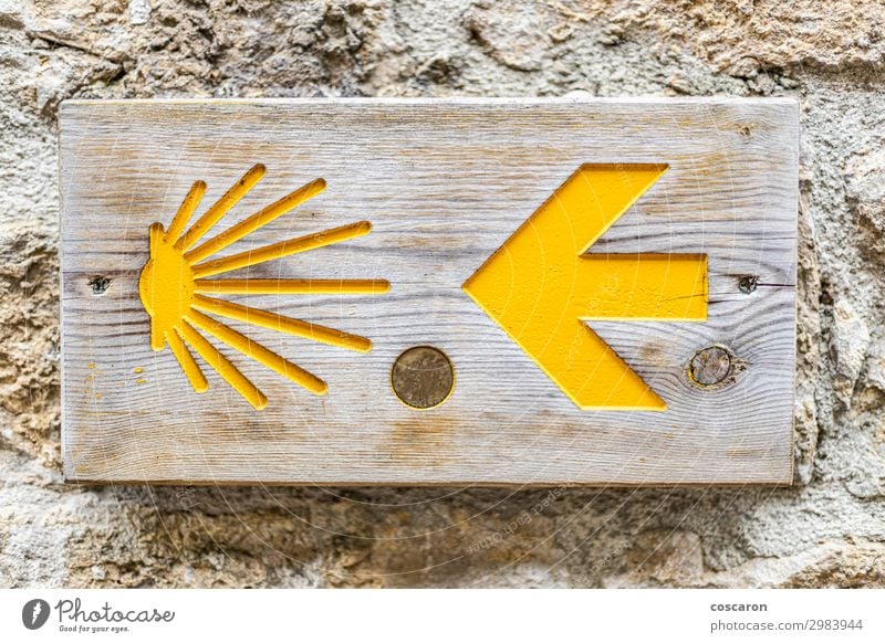 Camino de Santiago sign on a wall Vacation & Travel Tourism Trip Hiking Nature Cycling Pedestrian Street Lanes & trails Road sign Bicycle Stone Wood Sign