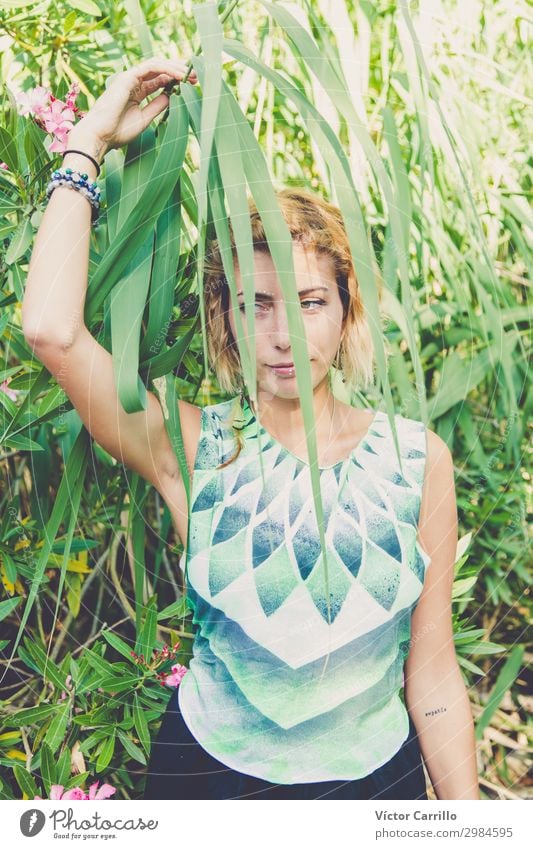 A Blonde pretty young boho style woman in a river in summer Lifestyle Elegant Style Design Human being Feminine Young woman Youth (Young adults) Woman Adults