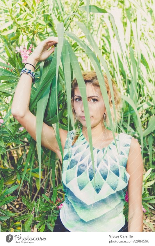 A Blonde pretty young boho style woman in a river in summer Lifestyle Elegant Style Design Beautiful Human being Feminine Young woman Youth (Young adults) Woman