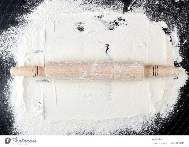 scattered white wheat flour Food Dough Baked goods Bread Table Kitchen Wood Old Dark Natural Above Brown Black White background Bakery Baking Blank board cake