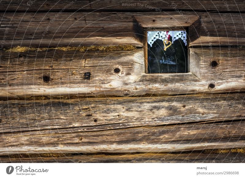 Old hut wall made of block planks, with a small window in which a white curtain and a small braided heart hang. Contrast Light Day Structures and shapes