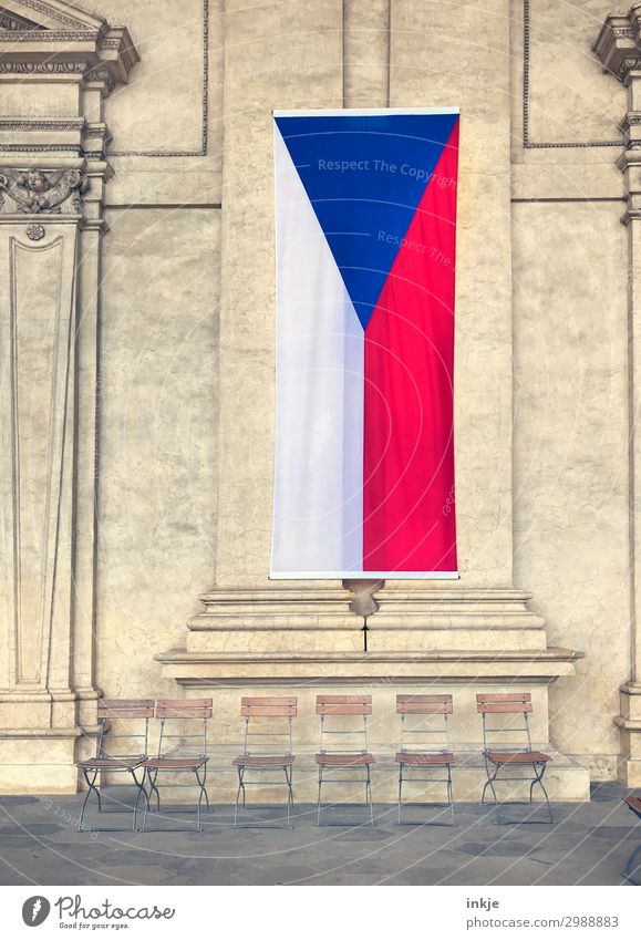 Senate, Prague, Czech Republic. Sightseeing City trip Architecture Baroque Deserted Building Facade Column Palais Waldstein Row of chairs Chair Flag Hang