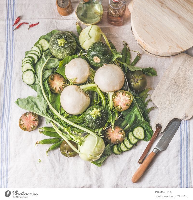 Various green vegetables on kitchen table with knife Food Vegetable Nutrition Organic produce Vegetarian diet Diet Shopping Style Design Healthy Healthy Eating