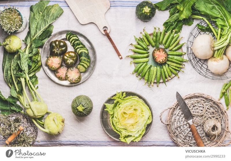 Green seasonal vegetables on the kitchen table Food Vegetable Nutrition Organic produce Vegetarian diet Diet Slow food Crockery Shopping Design Healthy Eating