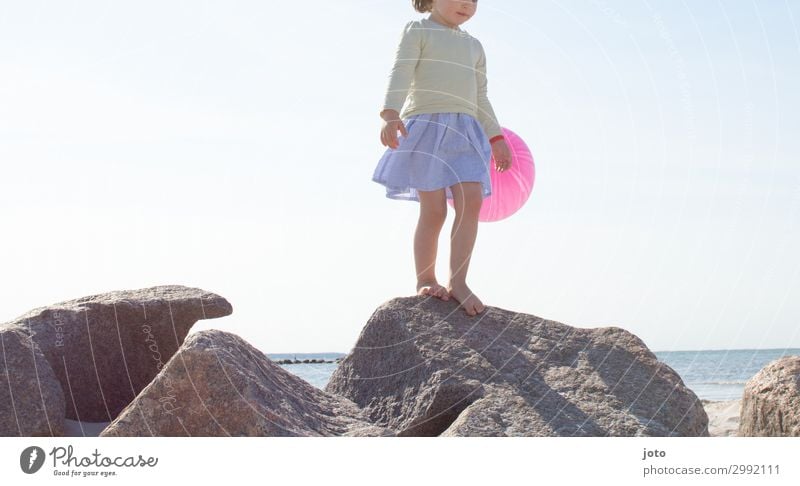 On the stones Playing Vacation & Travel Trip Adventure Far-off places Freedom Summer Summer vacation Beach Ocean Child Girl 3 - 8 years Infancy Baltic Sea Dress