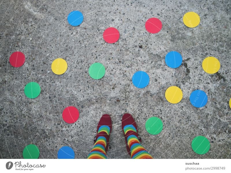 all sorts of colourful things Legs Feet feminine Street Asphalt Multicoloured Point Round Whimsical Strange Exceptional Symbols and metaphors Striped Spotted