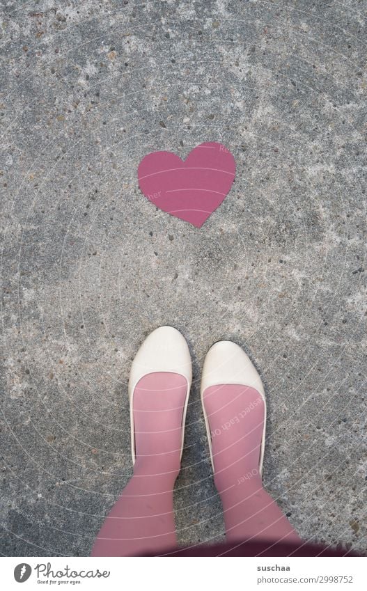 away with it | who needs a heart ... Heart Woman Legs feet ballerinas Stockings Skirt Street Lonely by oneself fortunate happy Feminine Throw away Asphalt