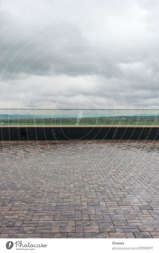 parapet panorama Places Handrail Glass glass parapet Paving stone Landscape Vantage point Panorama (View) Clouds Covered Wet Rain Rainwater Reflection Stone