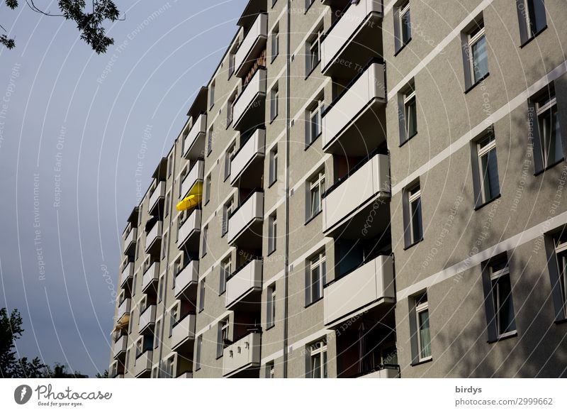 splotch of paint Living or residing Flat (apartment) House (Residential Structure) Sky Storm clouds Town Deserted Facade Balcony Window Sunshade Authentic Dark