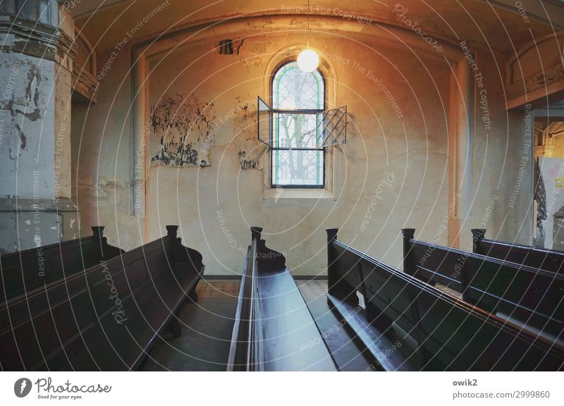 Old Church Interior design Church pew Church window Lamp Wall (building) Wood Glass Metal Illuminate Dark Humble Hope Religion and faith Bright Colours