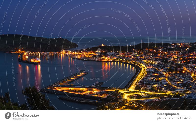 The illuminated port city Horta, Faial, Azores at night Vacation & Travel Tourism Trip Adventure Cruise Coast Bay horta faial Portugal Fishing village Town