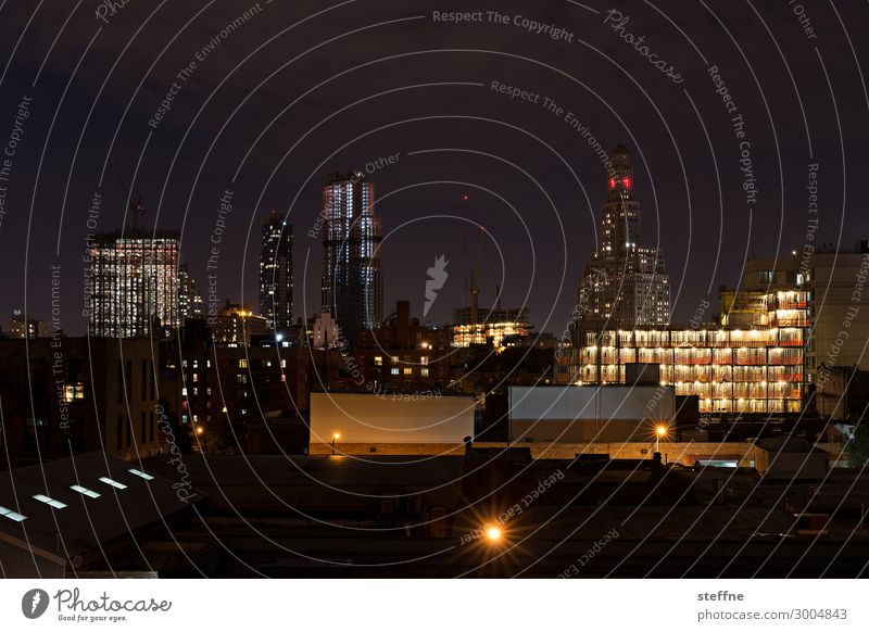 Brooklyn Skyline Town New York City USA High-rise Sea of light Colour photo Exterior shot Deserted Copy Space top Copy Space bottom Night Long exposure