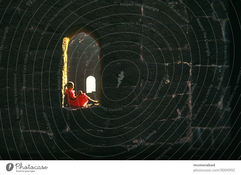 Sitting in a Monument Child Schoolchild Clothing Dress Esthetic Red Black White Moody Loneliness girl youngster lonesome unaccompanied window against light