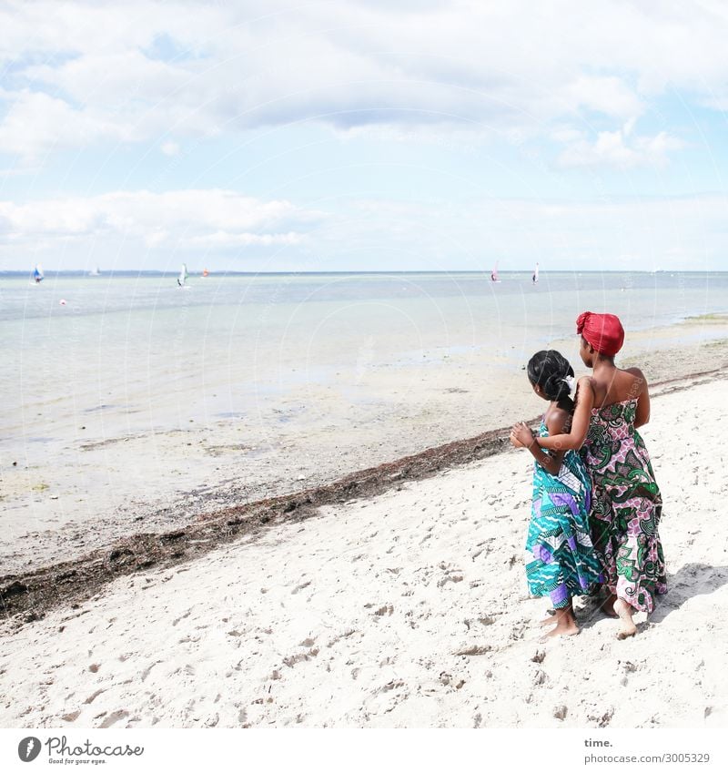 Gloria and Arabella Feminine girl Woman Adults 2 Human being Sand Sky Clouds Horizon Beautiful weather Beach Baltic Sea Dress Headscarf Observe To hold on