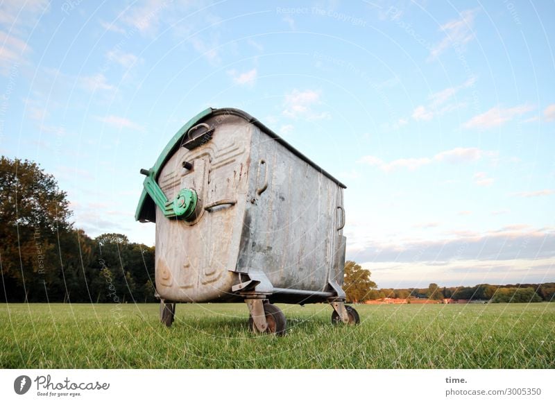 Trip to the countryside Sky Clouds Horizon Beautiful weather Park Meadow Transport Traffic infrastructure Logistics Trash container Metal Exceptional Trashy