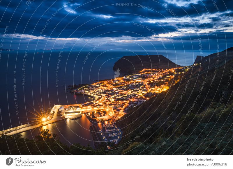 Port and illuminated city of Velas after sunset, Azores Vacation & Travel Tourism Trip Adventure Sightseeing City trip Cruise Night life velas São Jorge