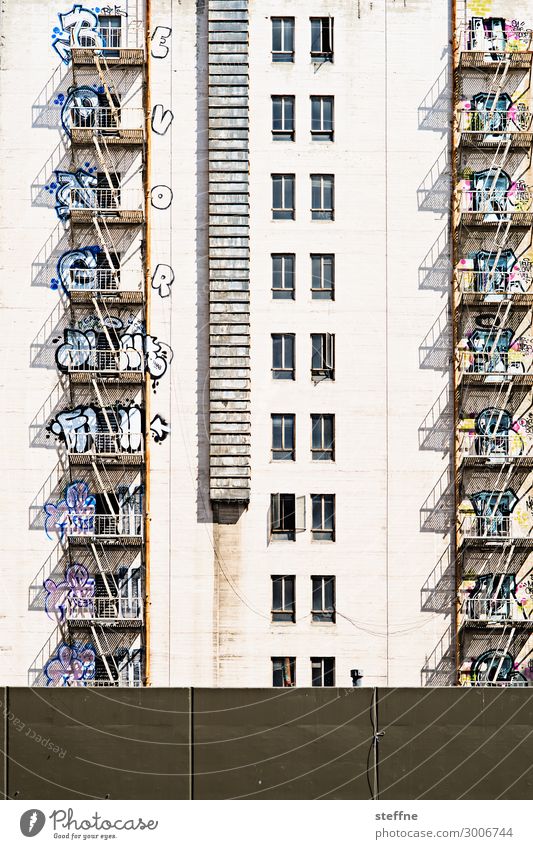 fire ladders Town Facade Fire ladder Shadow play Los Angeles USA Colour photo Abstract Pattern Structures and shapes Deserted Copy Space bottom Day