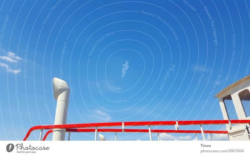 red railing and white chimney of old boat against blue sky Sky Beautiful weather Navigation Inland navigation Boating trip Steamer Fishing boat Watercraft