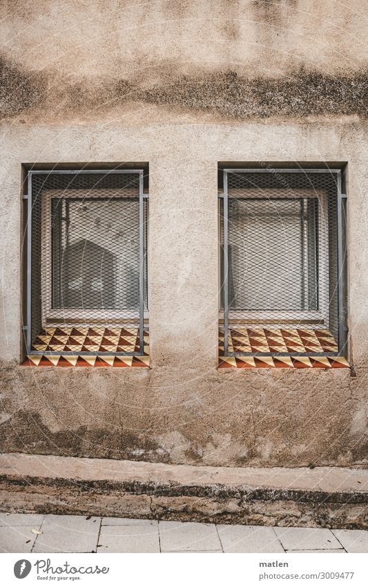 window seat Small Town Deserted Wall (barrier) Wall (building) Facade Window Exceptional Brown Gray White Grating Window board Tile Rendered facade Colour photo