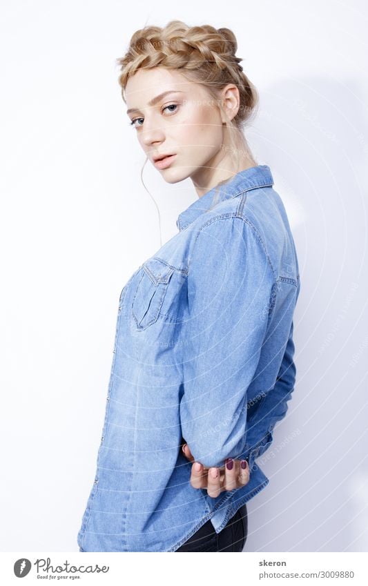 stylish girl in denim jacket and creative hairstyle Lifestyle Shopping Elegant Sports Fitness Sports Training Parenting Education Work and employment Profession