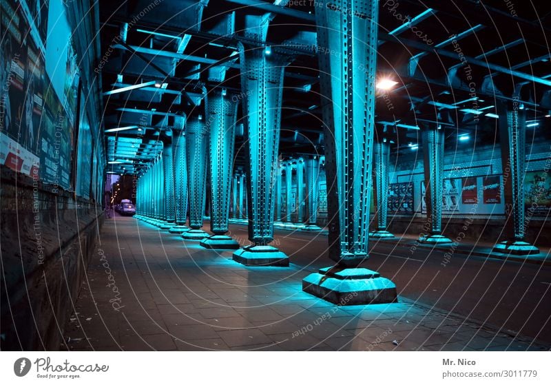 Underground Street Tunnel Dark Cold Blue Steel Steel carrier Architecture Sidewalk Iron blue Underpass Lighting Artificial light Steel construction Cologne Prop