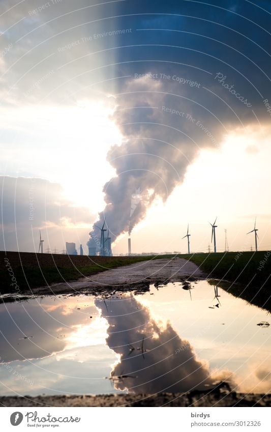 Niederaussem lignite-fired power plant Energy industry Renewable energy Wind energy plant Coal power station Water Lignite power plant Sky Clouds co2 Sun