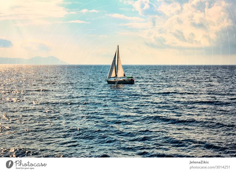 Sailing boat in the open sea Lifestyle Relaxation Vacation & Travel Tourism Trip Adventure Freedom Cruise Summer Summer vacation Sun Ocean Island Waves Sports